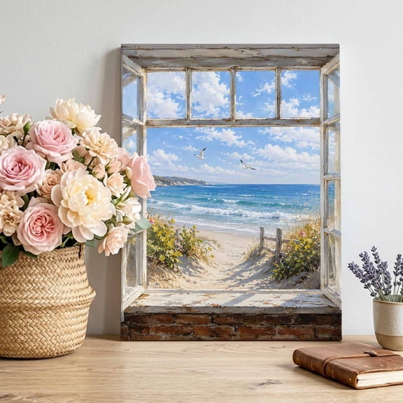 Sandy Beach Dunes Canvas Wall Art, Coastal Open Window Blue Sea Waves Landscape Framed Picture Canvas Wall Art Print Decor Artwork Decorations for Living Room Bedroom Ready to Hang 18" x 12"