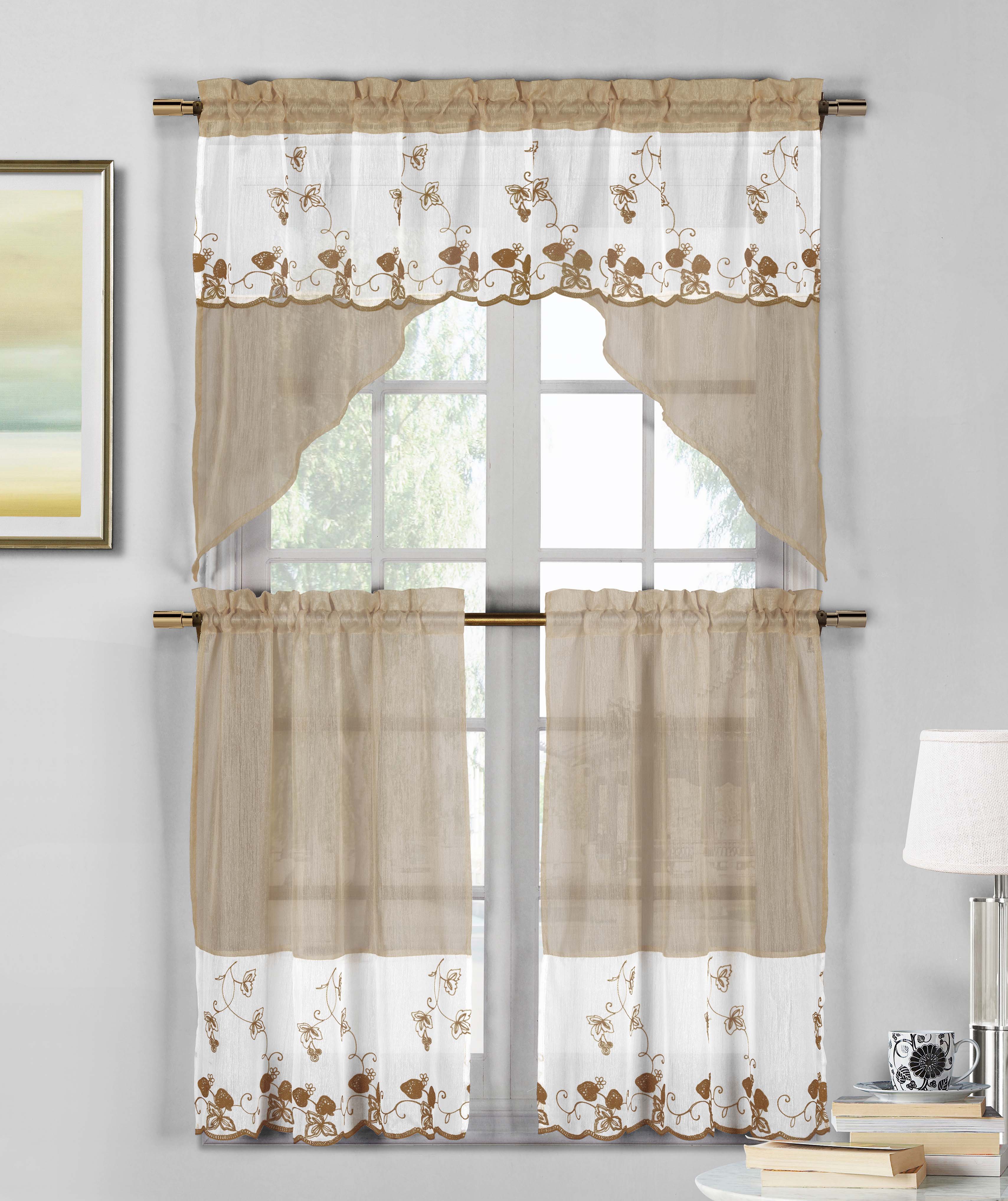 3 Piece Taupe and White Sheer Window Curtain Set Strawberry Field