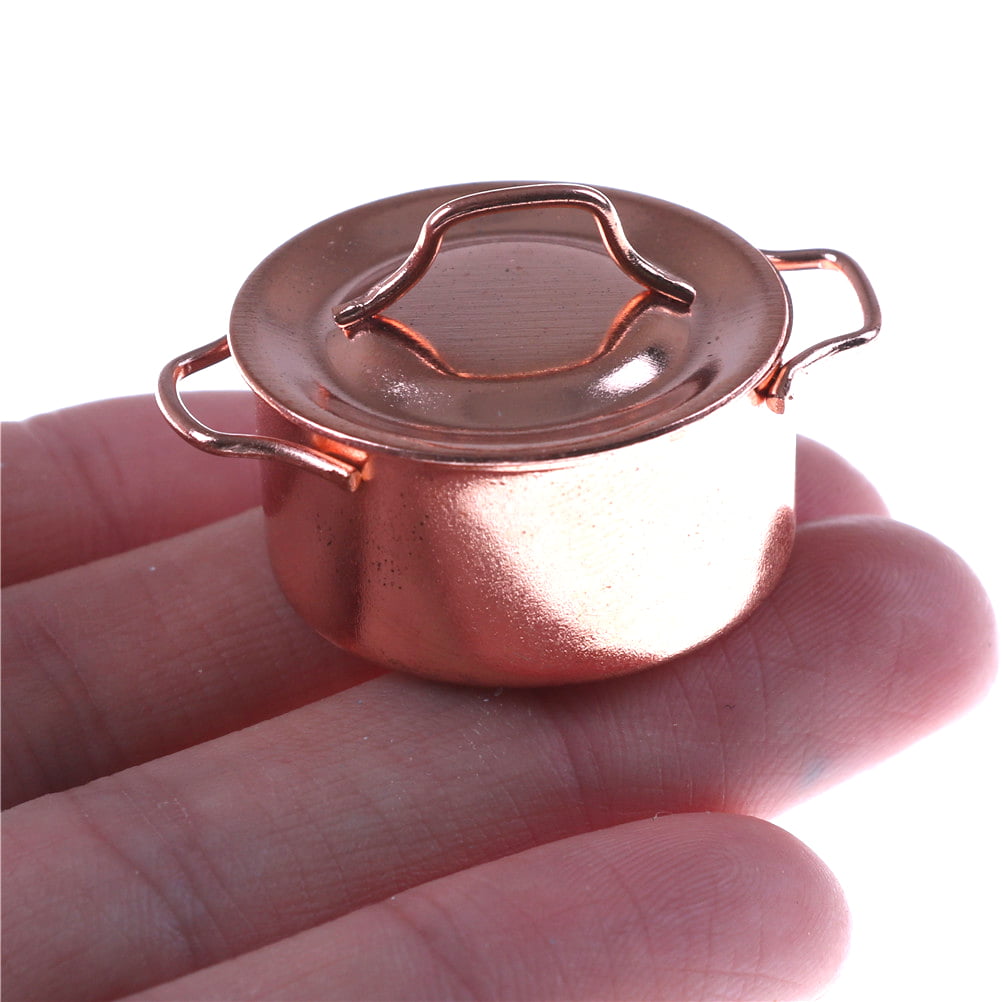 1/12 Dollhouse Miniature Kitchen Cooking Pan Pot with Removable Lid Copper 
