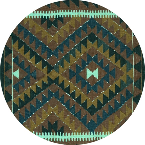 Ahgly Company Machine Washable Indoor Round Oriental Turquoise Blue Traditional Area Rugs, 5' Round