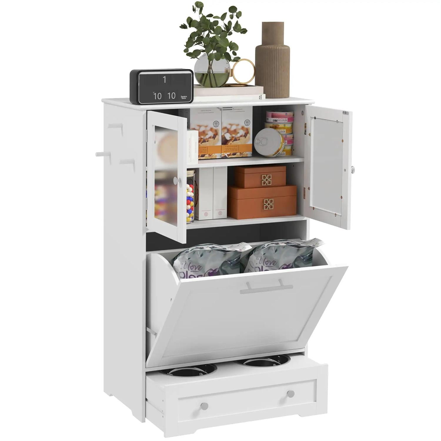 Pefilos 39" Modern Pet Feeding Station Furniture with 2 Storage Cabinets, 2 Elevated Dog Bowls, Side Hooks, Anti-tip Kit, Pet Food Storage Cabinet, Pet Toy Storage Organizer, White