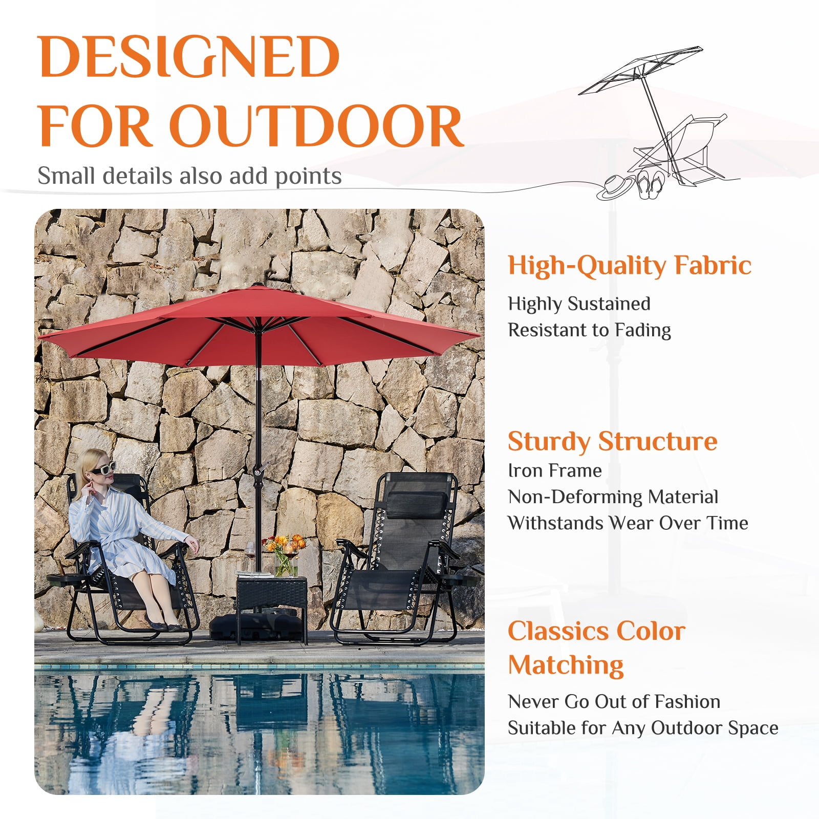 CONCETTA 9FT Patio Umbrella Outdoor, Table Market Umbrella with Easy Tilt & Hand-Crank Lift for Garden, Beach, UV Protection, Red