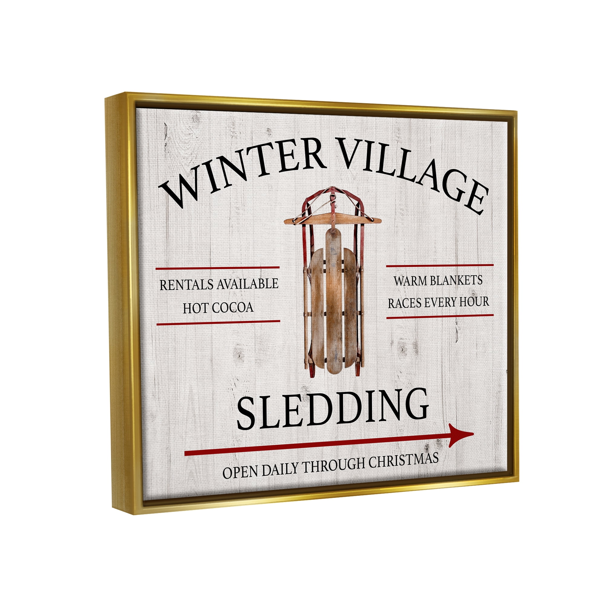 Stupell Industries Winter Village Sledding Holiday Painting Gold Floater Framed Canvas Art Print Wall Art, 31 x 25