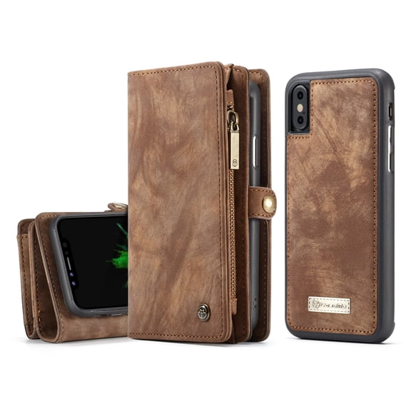iPhone X/ XS Wallet Case, Alleytech 2 in 1 Handmade Leather Zipper Wallet Case with Detachable Cover & Card Cash Pocket   Magnetic Clasp Closure for Apple iPhone X (2017)/ iPhone XS (2018), Darkbrown