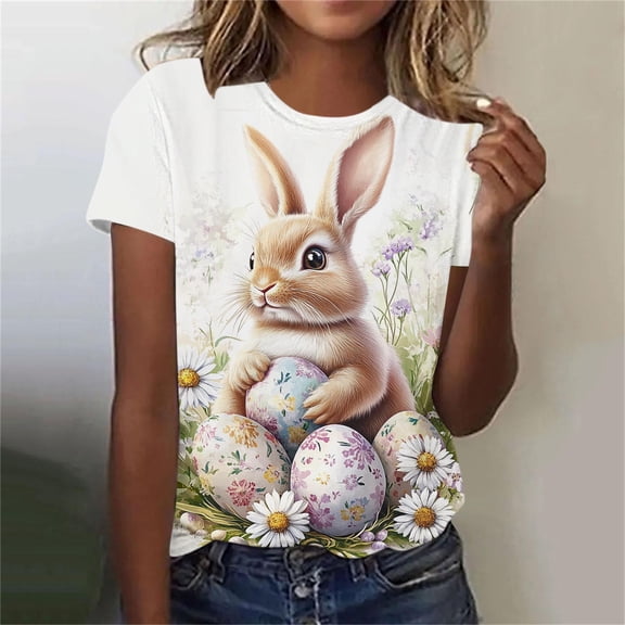 Tops for Women Easter Bunny Short Sleeved Round Neck Casual Pullover Printed T-shirt White XXL