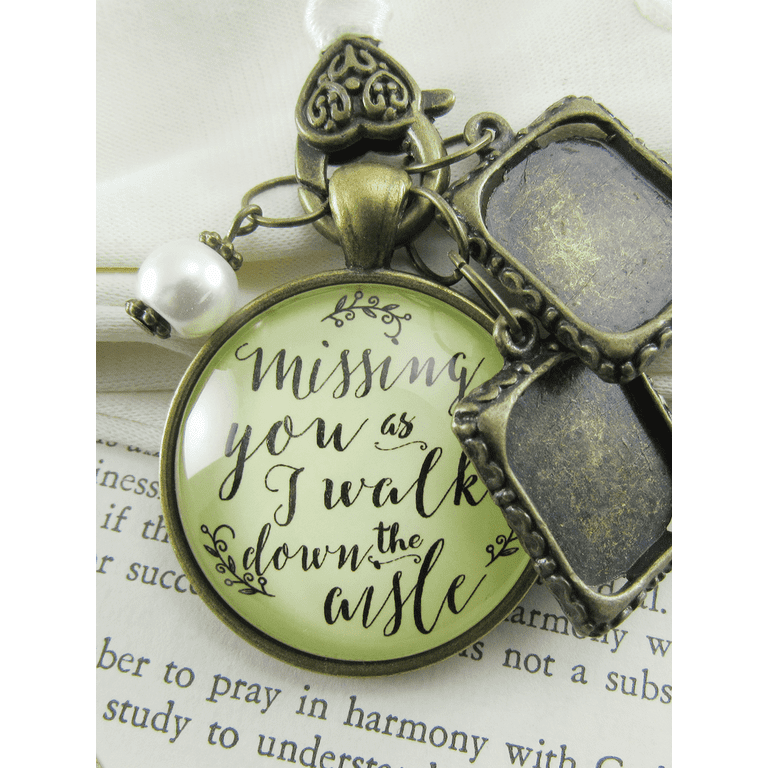 Bouquet Charm for Wedding Memory Missing You As I Walk Down Aisle Vintage  Bronze Cream Glass Pendant White Bead Frame Loving Remembrance Memorial