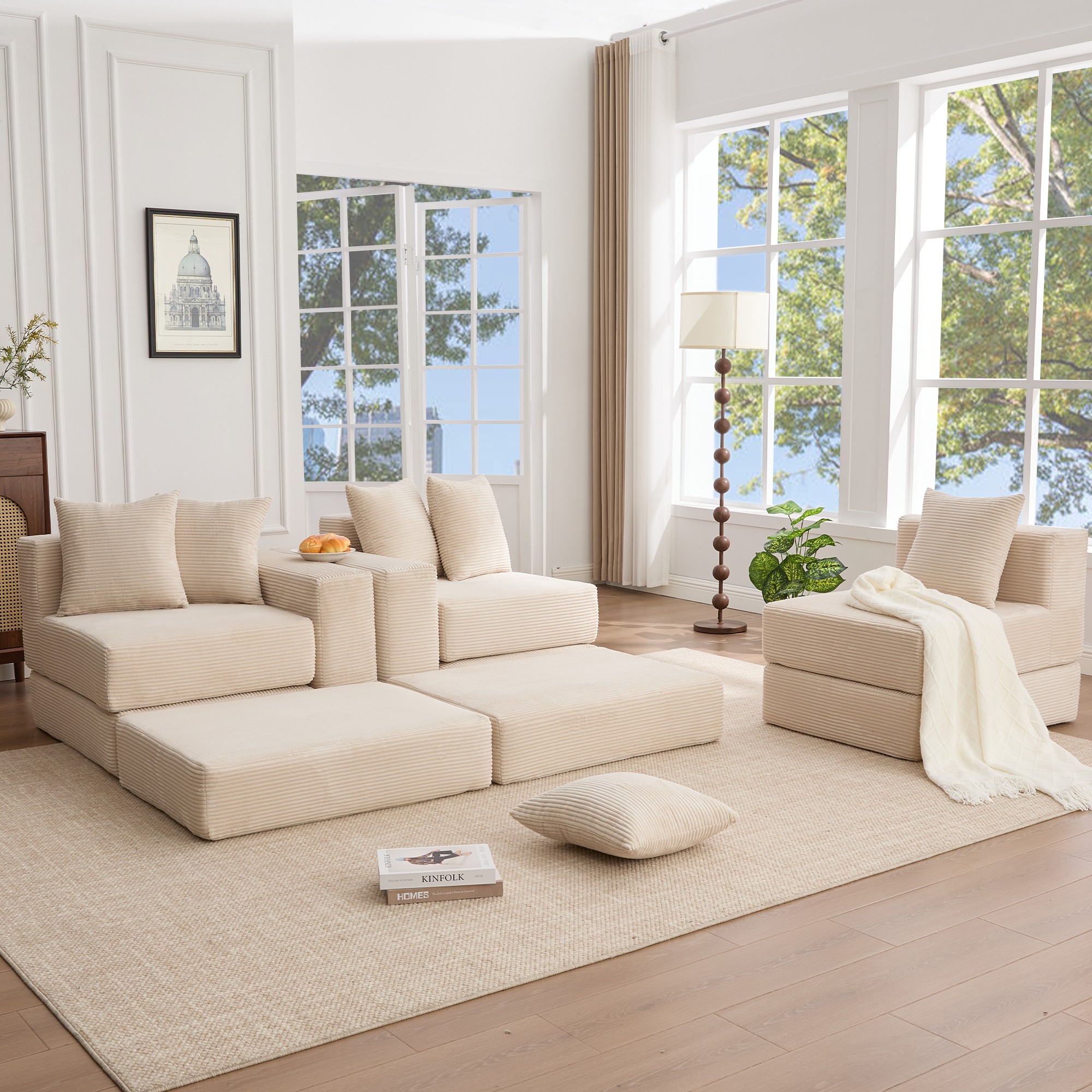 Leumius Convertible Sectional Sofa,Corner Couch,Convertible Floor Sleeper Sofa,10-in-1 Corduroy Modular Sofa,Free Combination Sofa,No Assembly,6 Pillows,Beige