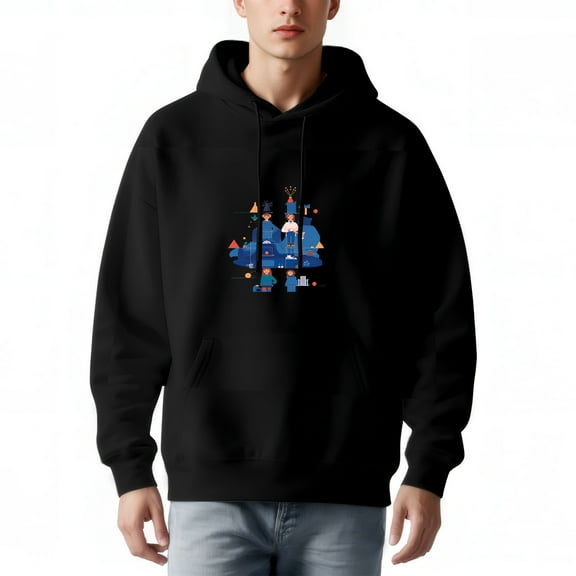 Men's Long Sleeve Hoodie Pullover Sweatshirt with Colorful Design Front Pocket and Drawstrings