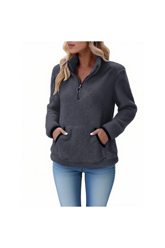 Womens Sherpa Fleece Fuzzy Sweatshirt Quarter Zip Long Sleeve Fluffy Soft Sweaters Winter Pullover with Pockets