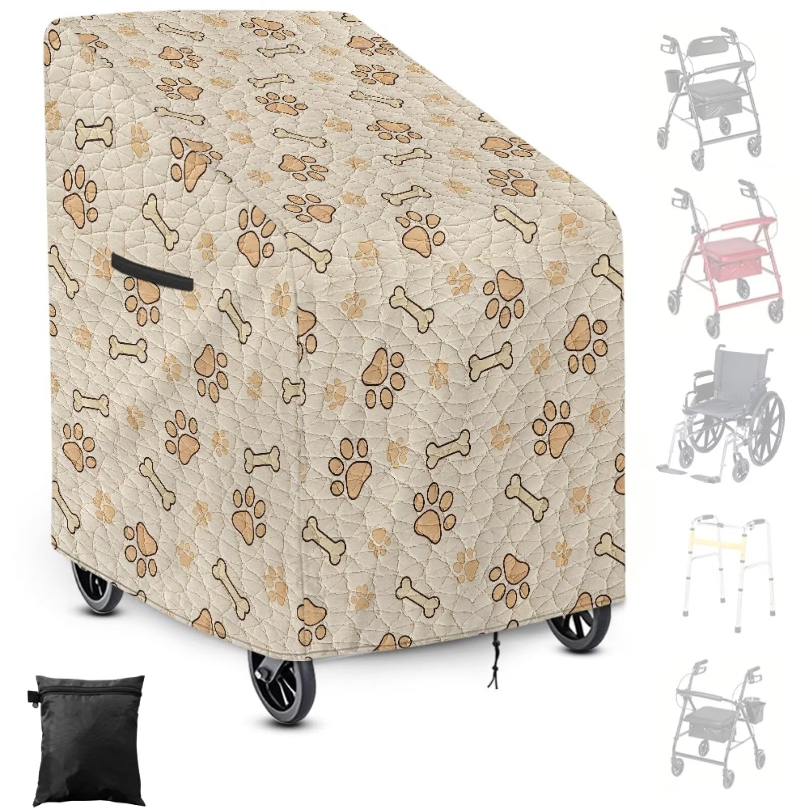 ZIATUBLES Portable Walker Covers, Stain Resistant for Seniors’ Rolling Walker with Seat, Universal Windproof Protective Cover with Adjustable Drawstring and Buckles, Cream Paw Print Bone Print