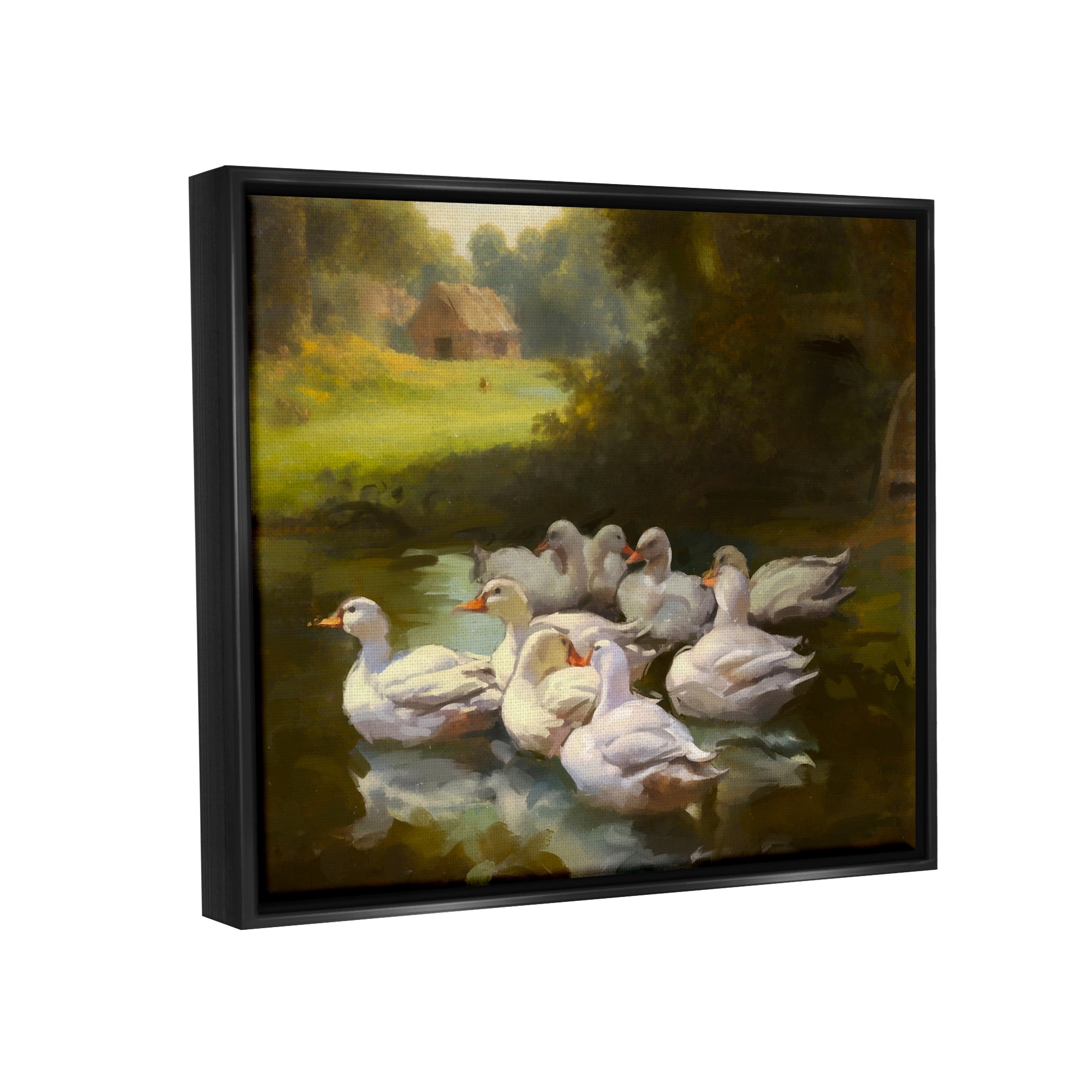 Stupell Industries Country Ducks in Pond Animals & Insects Painting Black Floater Framed Canvas Art Print Wall Art, 21 x 17