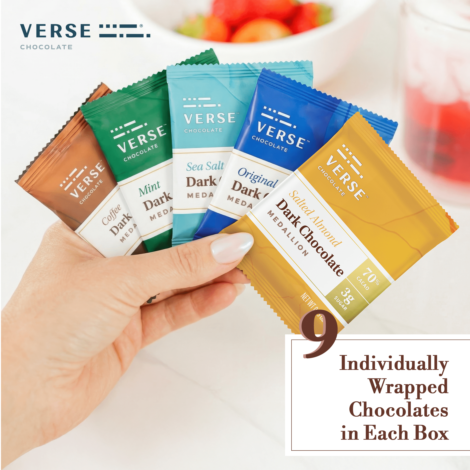 Verse Dark Chocolate Squares Variety Pack - Original, Mint, Sea Salt, Salted Almond & Coffee Squares w/ Low Cane Sugar, High Cacao - Gluten Free, Keto, Vegan Dark Chocolates (9 Count, 5 Pack)