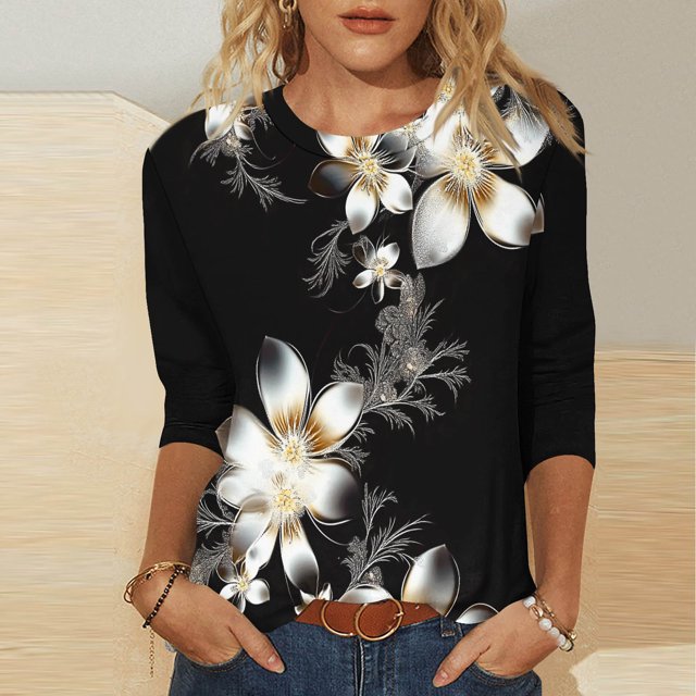 Amzcrzy Hauts pour Femmes Manches 3/4 Col Rond Été Mode Imprimé Floral Polyvalent Confortable T-Shirts pour Femmes