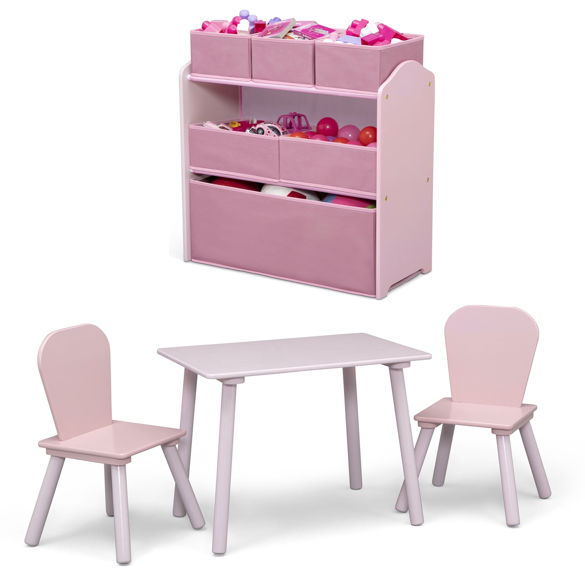 Delta Children 4-Piece Toddler Playroom Set – Includes Play Table, 2 Chairs and 6 Bin Toy Organizer with Reusable Vinyl Cling Stickers, Light Pink/Dark Pink