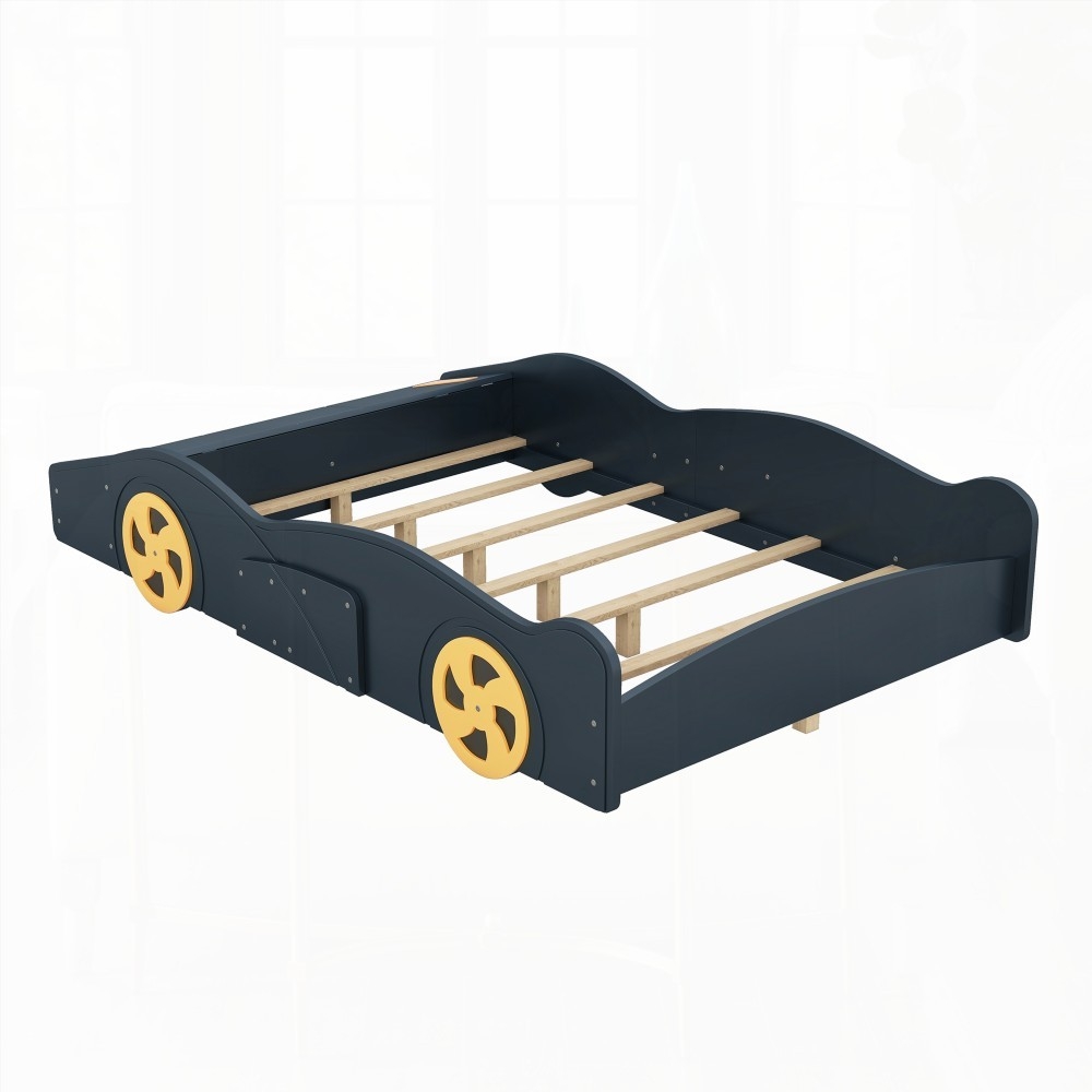 Full Size Dark Blue+Yellow Race Car-Shaped Platform Bed with Wheels and Storage