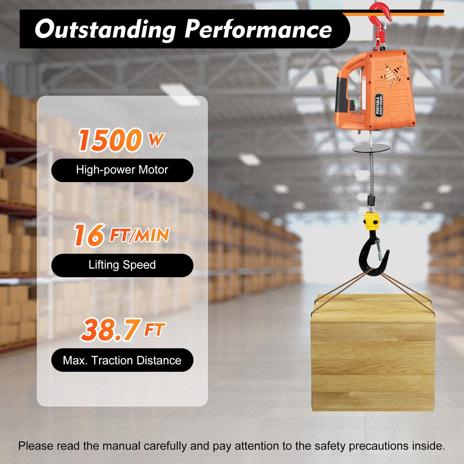 1500W 660 lbs Electric Hoist Winch Engine Crane Overhead Lifting Wireless Remote for factories, warehouses