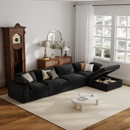 The Magic Home 157 Sofa Couch Cloud Modular Sectional Sofa with Removable Storage Ottoman L Shaped Linen Modern Comfy for Living Room Apartment Office DIY Combination 4 Seater Black Couch