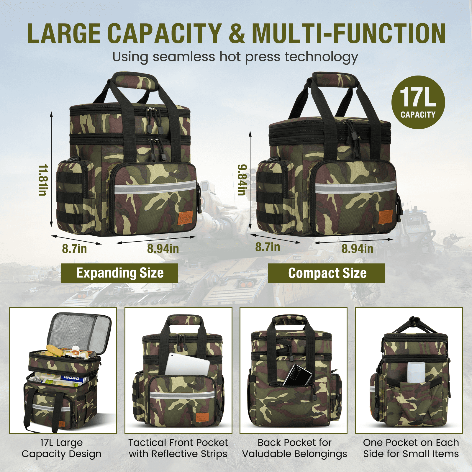 Expandable Insulated Lunch Bag w/ Leakproof Design - 24 Can Capacity, Double Deck Cooler Box with Adjustable Shoulder Strap/Side Pockets for Men & Women - Durable for Work/Travel/Outdoor, Camo Green