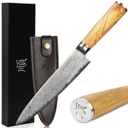 YOUSUNLONG Chef's Knife 8 inch - Gyuto Kitchen Knives Damascus Steel Italian Olivewood with Leather Sheath