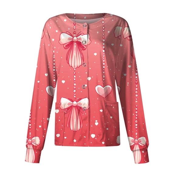 Valentine's Day Nursing Scrub Jacket - Long Sleeve Button Down Heart Print Professional Medical Uniform with Pockets Light pink L