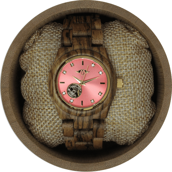 Angie Wood Creations Zebrawood Women’s Automatic Watch With Pink Dial