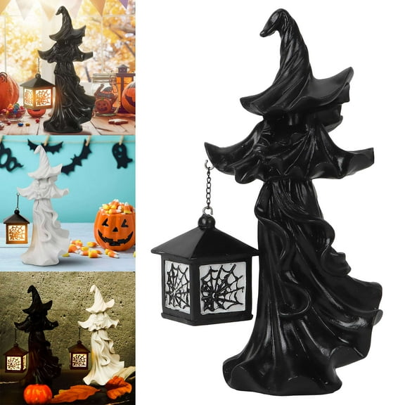 BadPiggies Cracker Barrel Ghost Witch Messenger with LED Lantern Ghost Statue Ornament Halloween Decorations (Black)