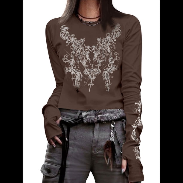 Camisetas Gráficas para Mujeres, Adolescentes, Estética Grunge, Gótica, Y2k, Básica, de Punto, Larga, Otoño. Café XS