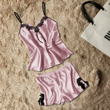 Usdian Lace Lingerie & Nightwear Women Lace Casual Sleeveless Vest Shirt Top Blouse Shorts Pants 2PCS Set Lingerie Sets Camisole