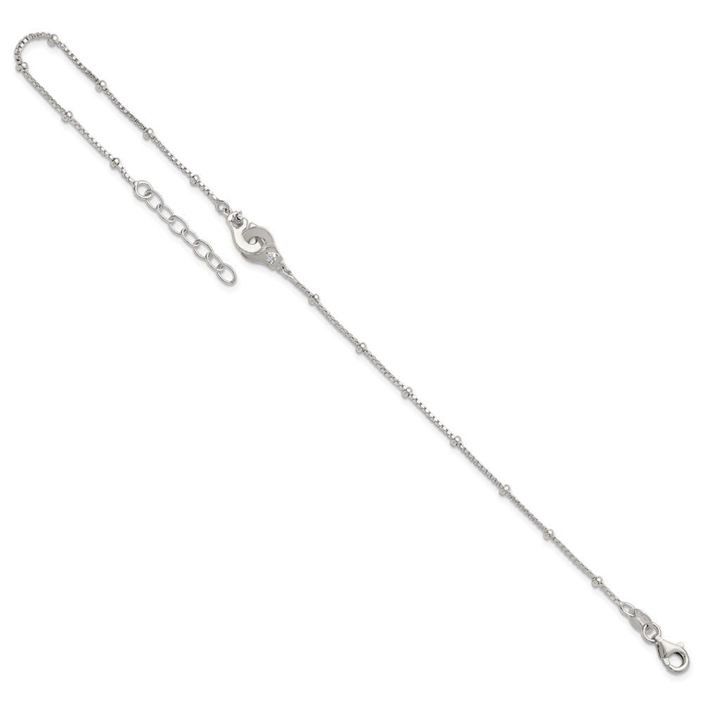 Sterling Silver Polished Beaded White CZ Interlinking Circles 9 inch with 1 inch Extension Anklet