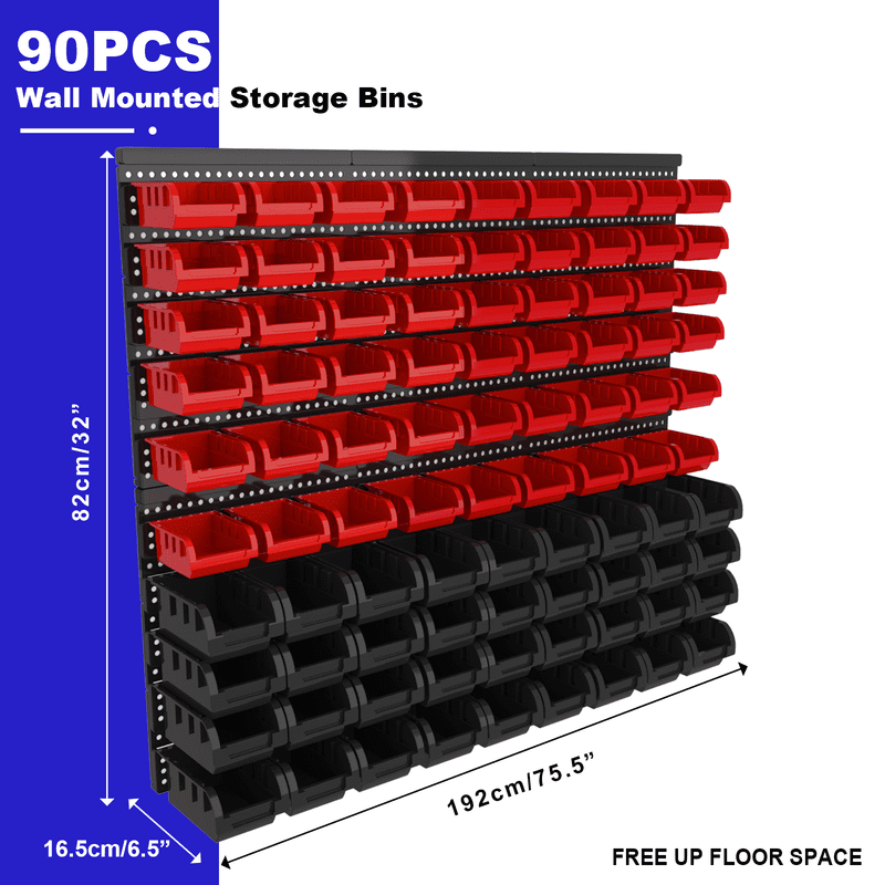 90 Pcs Wall Mounted Storage Bins, Plastic Adjustable Hardware Organizer for Garage, Workshop Wall Storage Rack