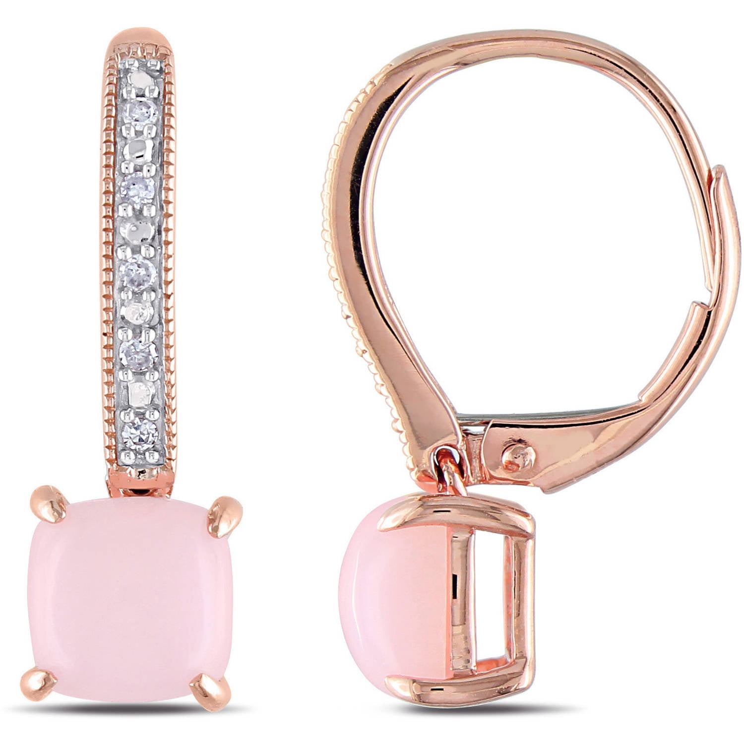 4 Carat T.G.W. Cabochon Pink Opal and Diamond-Accent 10kt Pink Gold Leverback Earrings by Delmar Manufacturing LLC