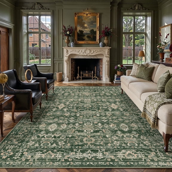 BERTHMEER 8'x10' Area Rugs for Living Room Large Vintage Green Carpets for Bedroom Office Machine Washable Farmhouse Dining Room Oriental Rugs Non Slip Traditional Distressed Rugs