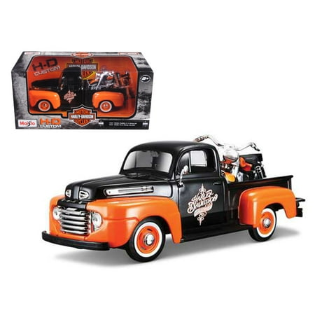 1948 Ford F-1 Pickup Truck Orange/Black with 1958 FLH Duo Glide Harley Davidson Motorcycle 1/24 Diecast Models by