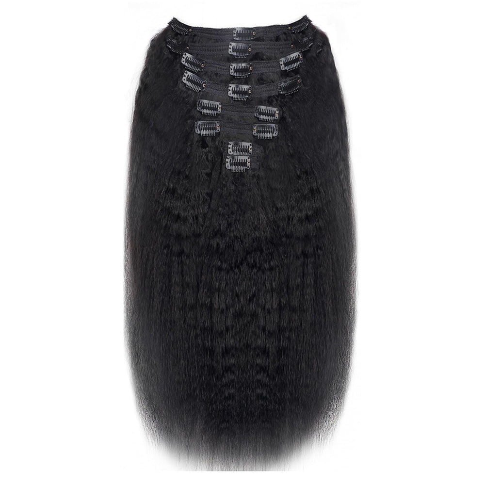 Kinky Straight Clip In Hair Extensions for Black Women Real Human Hair Natural Black 8Pcs 120g Full Head Yaki Straight Clip in Extensions