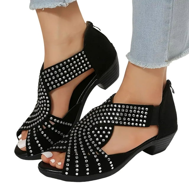 Womens Rhinestones Gladiator Dress Sandals Vintage Glitter Peep Toe Chunky Mid Heel Back Zipper Summer Shoes
