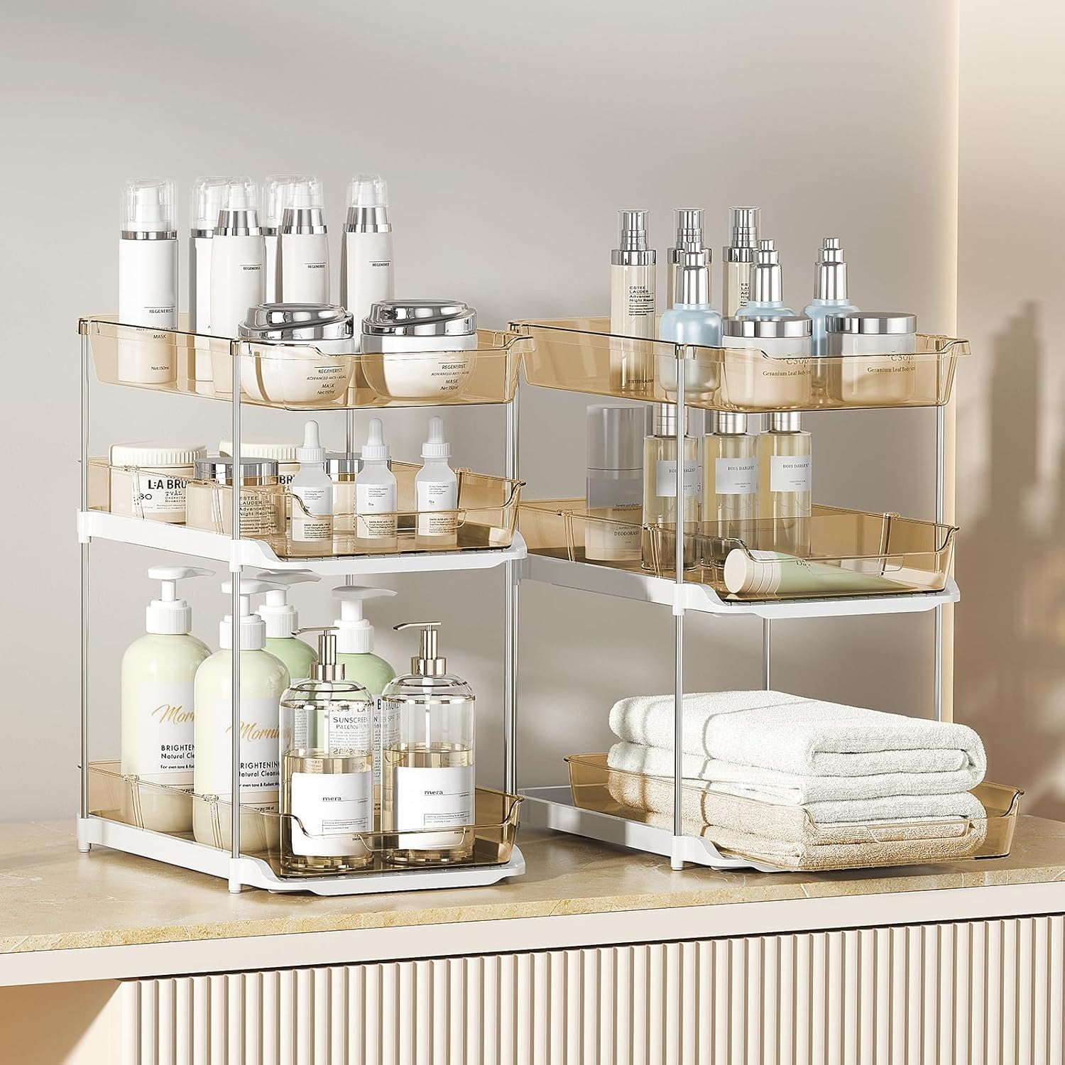 2 Pack 3-Tier Bathroom Under Sink Organizers and Storage, Multi-Purpose Stackable Pantry Organization and Storage, Pull Out Clear Kitchen Bathroom Cabinet Organizer with Movable Dividers, Amber