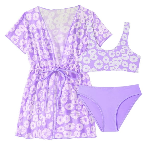 Otqutp Toddler Girls Sunflower Swimming 3 Piece Rash Guard Swim Cover Up Short Sleeve Cardigan Tween Kids High Waist Modest Tankini Matching Bikini Beach Swimwear