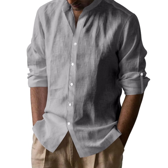 Dagegui Mens Long Sleeve Shirt Cotton Linen Button Down Band Collar Shirts Casual Beach Tops Semi-Formal Work T-Shirt Gray S