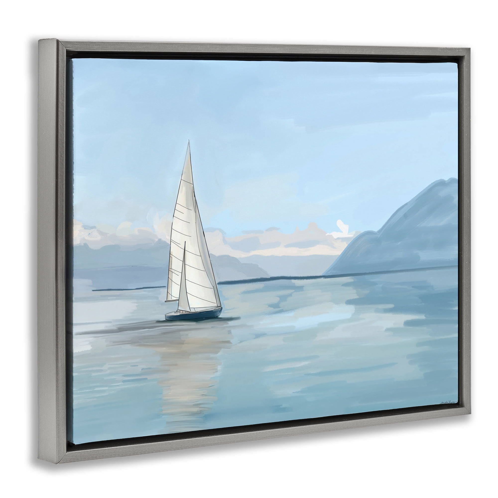 Stupell Industries Peaceful Sailboat on Water Nautical & Beach Painting Gray Floater Framed Canvas Art Print Wall Art, 31 x 25