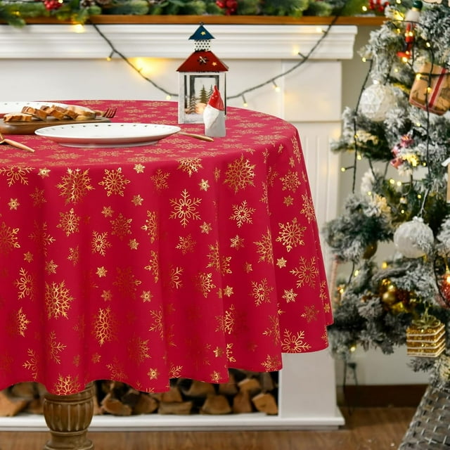 Christmas Table Cloth Round 60 Inch, Waterproof Red Gold Snowflake Tablecloth, Washable Metallic Xmas Table Cover Spillproof Winter Table Cloths Cover for Holiday Christmas Decorations