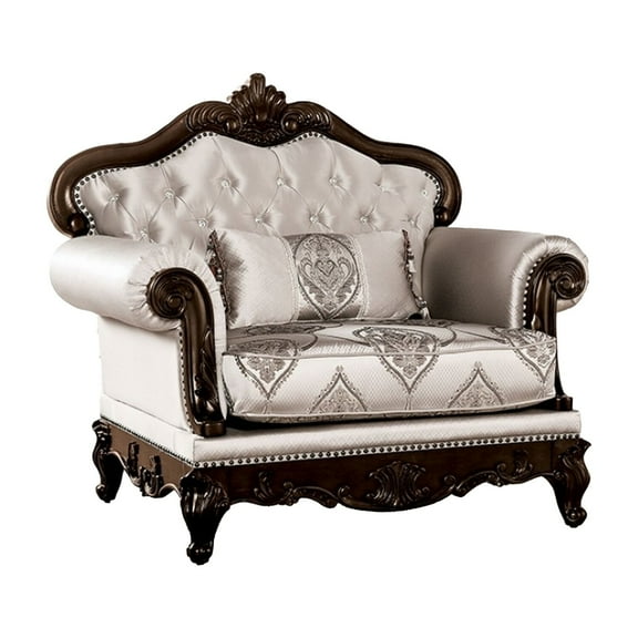 Vera Accent Chair- Tufted Jacquard Pattern- Carved Dark Cherry Brown- Beige