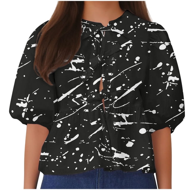 Camisetas de Manga Corta para las Mujeres Lanterna Manga Corbata Plisado Cuello Redondo, Casual Recortado Camiseta Top para Gimnasio Y Diario