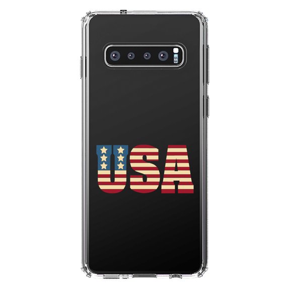 DistinctInk Clear Shockproof Hybrid Case for Samsung Galaxy S10  PLUS (6.4" Screen) - TPU Bumper Acrylic Back Tempered Glass Screen Protector - USA Letter Art Flag Red White & Blue