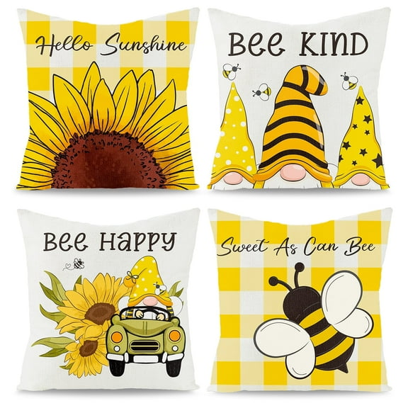 2ooya Liner Pillow Cover for Cushion, Hello Sunshine Bee Print Pattern Pillow Case,4count