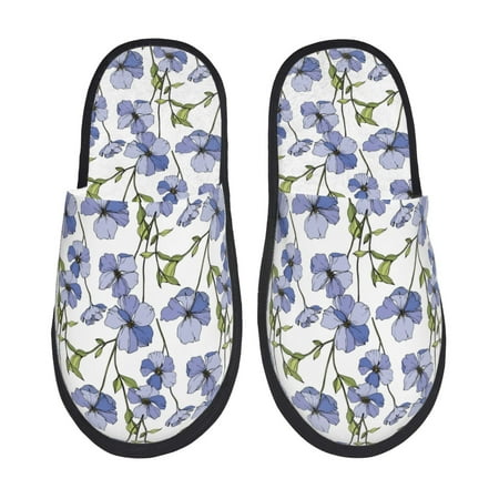 Balery Blue Flax Flowers Slient Indoor Furry Fleece Comfort House Shoes Soft Non-Slip Home Shoes Cotton slippers House Slippers-- Large