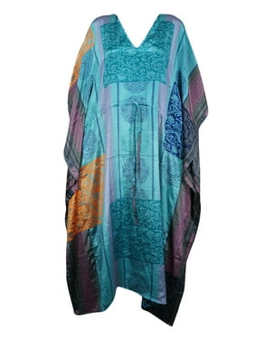 Mogul Women Teal Blue Maxi Kaftan V-Neck Printed Kimono Sleeves Resort Wear Housedress Holiday Caftan Dresses 2X
