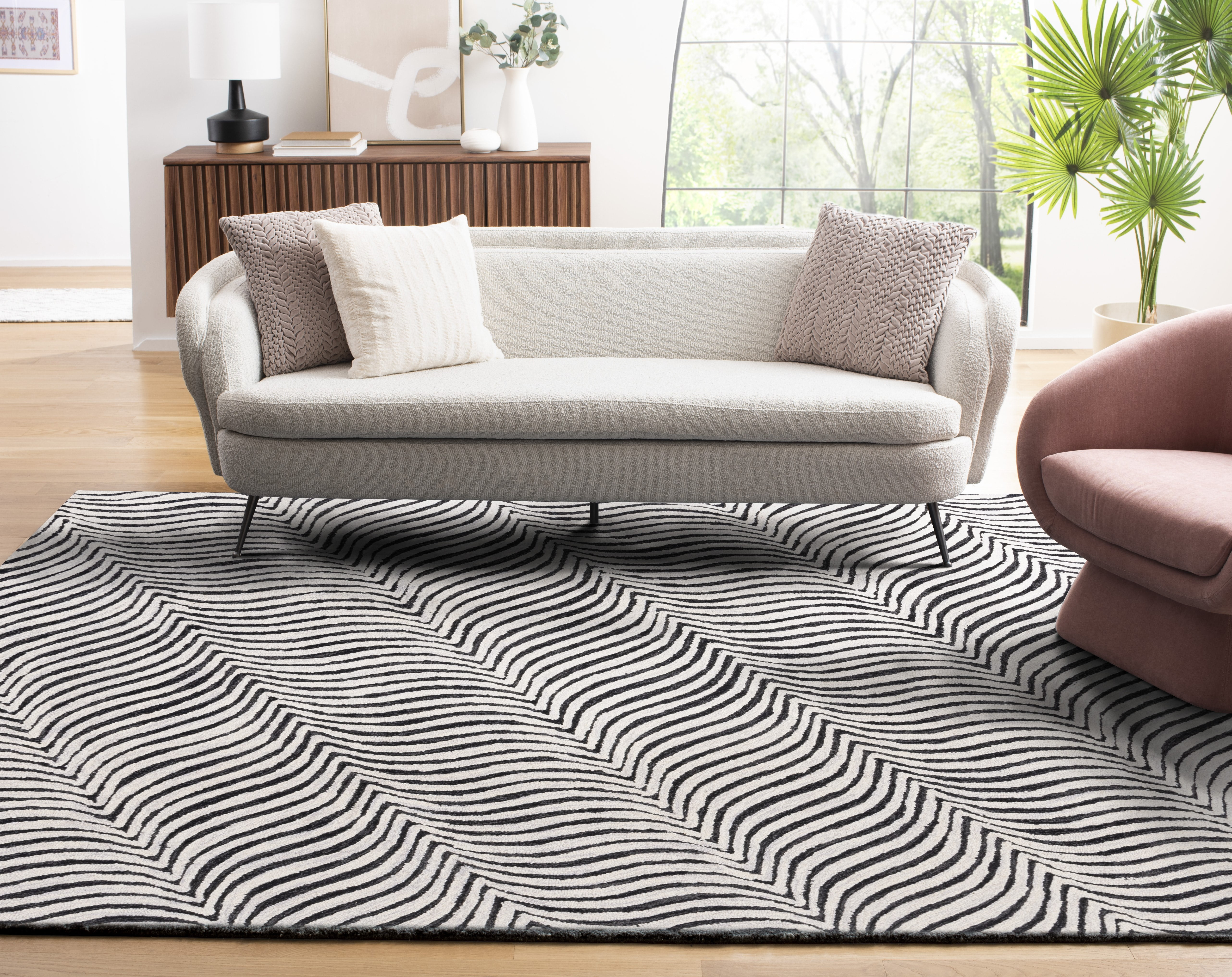 SAFAVIEH Metro Quinn Wavy Striped Area Rug, Black/Beige, 6' x 6' Square