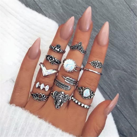 HOOUN Womens Vintage Crystal Gems Boho Retro Midi Rings Finger Bands Ring Jewelry Set-style 24(13pcs)