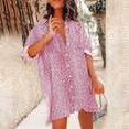 thumbnail image 1 of Robes Robe d'Été Mode Femmes Été Imprimé Décontracté Poche Bouton Col à Revers Manches Longues Robe Courte Rose TG, 1 of 6