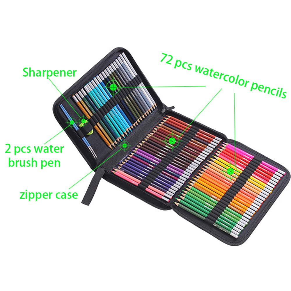 MEGICOT Watercolor Pencils Set of 72 - Includes Colored Pencils, Pencil Sharpener, Water Brush Pen and Zipper Case, Ideal for Adult Coloring Books & Art Pages